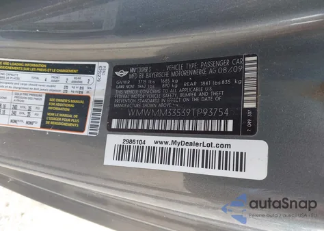 2009 Mini Cooper z USA, uszkodzony, nr VIN WMWMM433539TP9375